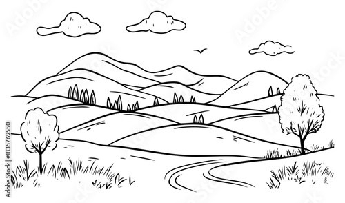 Scenic nature landscape with rolling hills mountains and road vector illustration