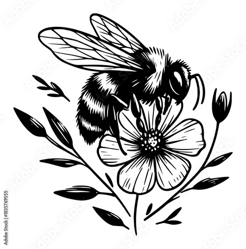 Honey bee gathering nectar on flower blossom vector ink sketch illustration