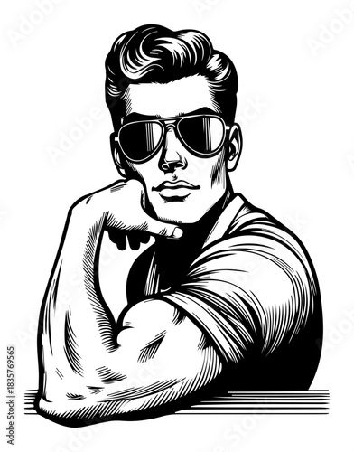 Handsome retro man with sunglasses flexing muscle vector portrait sketch