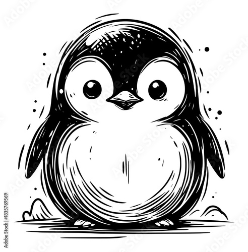 Cute chubby penguin cartoon character standing hand drawn vector sketch