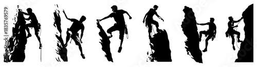 Set of rock climbing men silhouettes on steep cliffs vector illustration