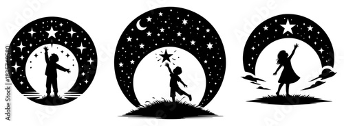 Set of children reaching for stars in night sky circular silhouettes vector