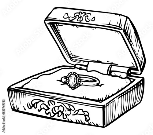 Open vintage jewelry box with diamond ring hand drawn vector sketch