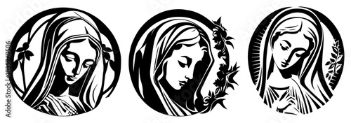 Set of three Virgin Mary circular religious portraits vector illustration