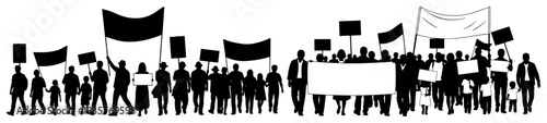 Silhouette of crowd people protesting with banners and signs vector illustration
