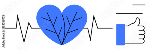 Health concept. A heart with pulse lines and thumbs-up symbol signifies health monitoring and feedback. Health awareness, medical services, wellness initiatives, telemedicine, fitness platforms