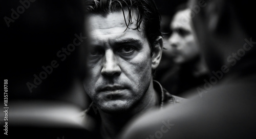 A close-up, high-contrast black and white portrait of a serious-looking man stares intensely. The dramatic lighting accentuates his expression