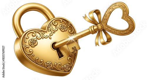 Ornate golden heart-shaped padlock with a decorative key unlocking it, symbolizing love, romance, and secrets, ideal as a high-quality transparent png illustration