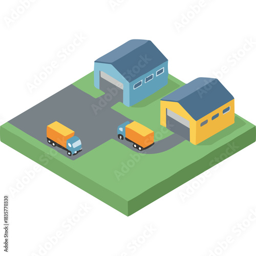 Isometric illustration of a logistics warehouse with two trucks delivering and picking up cargo on a green field with a dark gray asphalt area