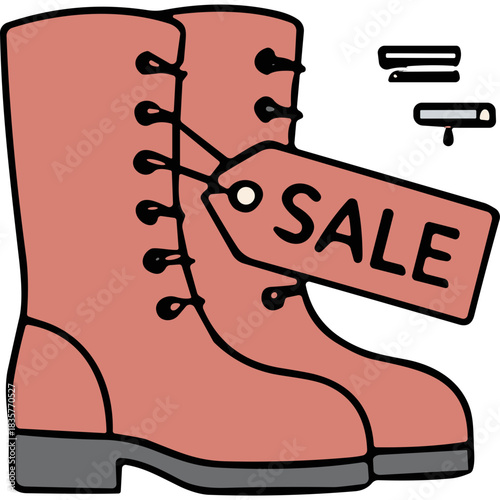 Pair of Salmon Pink Lace Up Boots with a Sale Tag Attached Outdoors on a Black Background Simple Flat Design