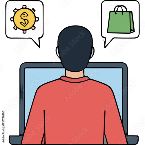 Person at Laptop Considering Financial Investment Versus Shopping Options Thinking About Money and Purchases Decision Making Concept