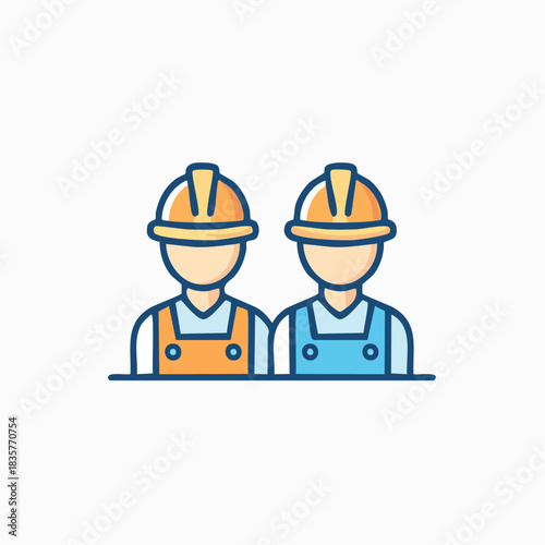 Two construction workers stand side by side, wearing hard hats and overalls, representing teamwork and the construction industry.