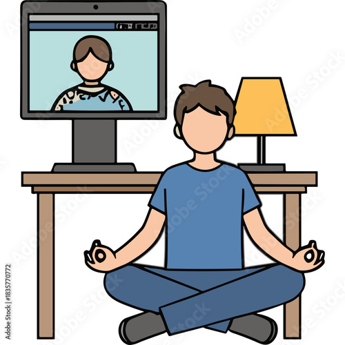 Person Meditating In Front Of Computer Screen Showing Another Person Learning Online Yoga Class And Desk Lamp In Background