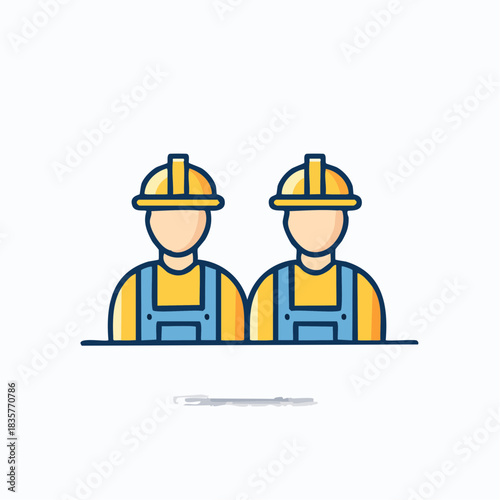 Two construction workers stand side by side, wearing yellow hard hats and blue overalls, ready for their daily work routine.