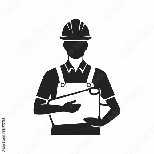 A black and white silhouette of a construction worker holding blueprints, representing the building industry and architectural design.