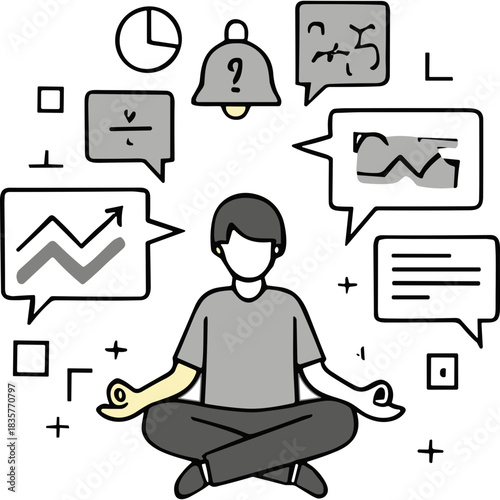 Person Meditating Surrounded by Business and Finance Symbols Representing Calmness and Productivity in a Digital Age