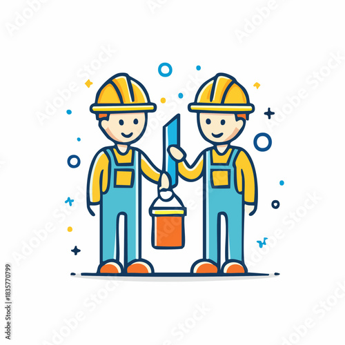 Two construction workers stand side by side, holding a paint roller and bucket, ready to begin work on a new project together.