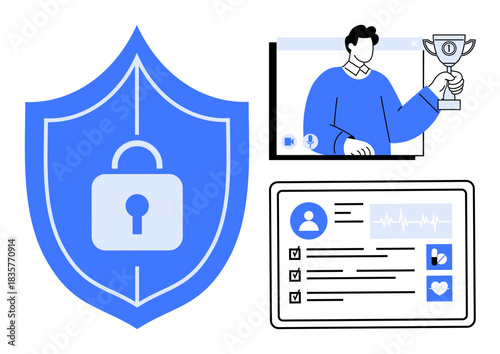 Shield with lock symbol, digital profile card showcasing identity and health data, and video call participant holding trophy. Ideal for privacy, cybersecurity, data protection, digital identity