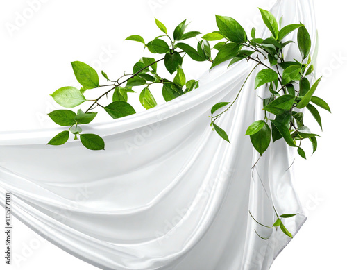 Soft white draped fabric adorned with fresh green leaves. Leaves gently cascading