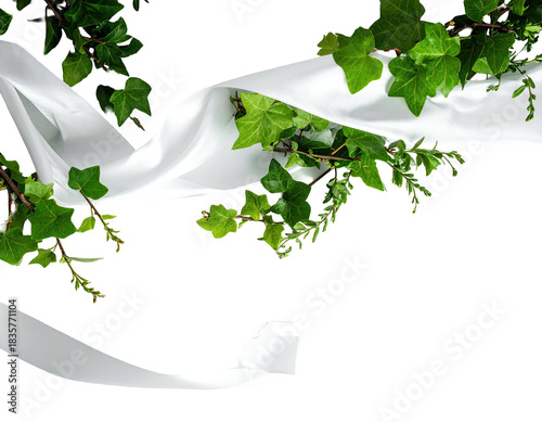 White fabric ribbon winds through vibrant green ivy, creating a decorative, layered design