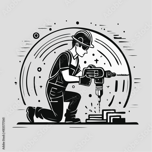 Young woman working with a power drill in a workshop environment.