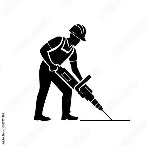 A construction worker uses a jackhammer to break up concrete, depicted in a minimalist black and white silhouette for design.
