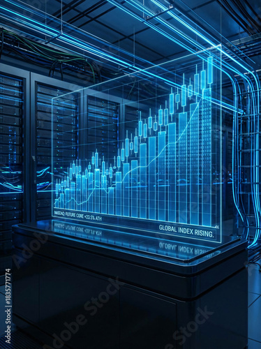 Holographic stock market chart in advanced data center environment