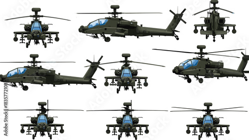 Military attack helicopter illustration showcasing multiple angles, detailed weapon systems, modern combat aircraft design, realistic army aviation graphic for defense visuals, war concept