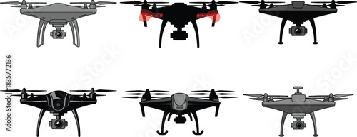 Modern quadcopter drone set with cameras, professional aerial photography equipment collection, technology illustration of multiple drone designs for surveillance, filming and mapping