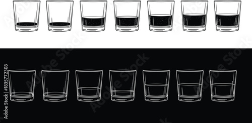 Set of drinking glasses with various fill levels, empty and half full glass icons, minimalist line illustration for beverage and bar design