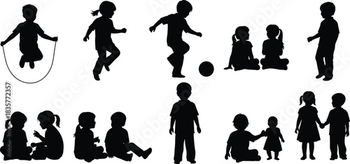 Silhouette children playing, running, sitting, and interacting in various activities, diverse kid poses collection for education, parenting, playground, and design projects