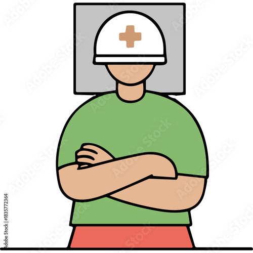 Person Wearing Hard Hat With Cross Symbol Arms Folded Standing Against Gray Background With Light Source From Above During Daytime