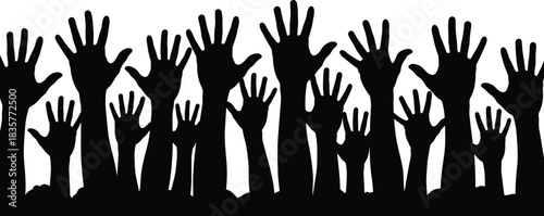Silhouette of many raised hands together, crowd celebration unity concept, diverse people reaching upward for support, volunteering, activism and community events
