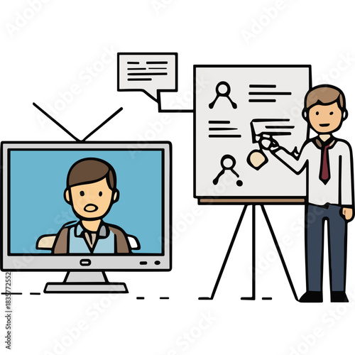Male Presenter Conducting Online Training Session With Digital Whiteboard Displaying Employee Profiles and Video Conference Call in Brightly Lit Room