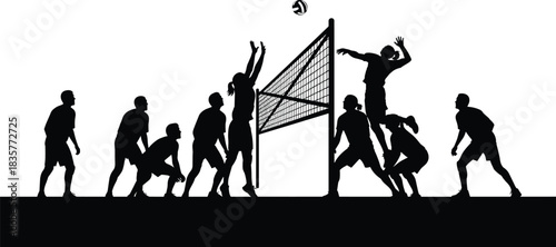 Volleyball game silhouette showing players jumping, blocking and teamwork action at net, competitive sports illustration for athletic match, recreation and training concepts