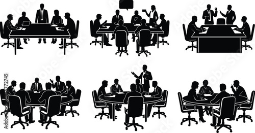 Business meeting silhouettes, teamwork discussion around conference tables, corporate collaboration, leadership presentation, group communication, professional workplace strategy session