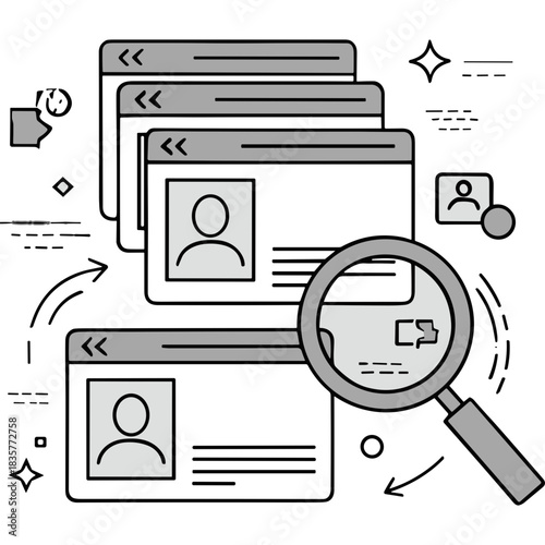 Magnifying glass examining user profiles on digital screens showing data analysis and selection process in a modern abstract design with glowing elements
