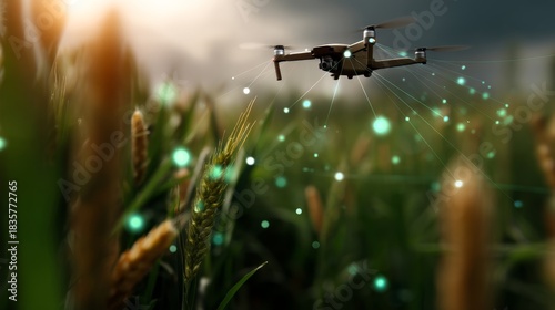 Modern Agricultural Drone Monitoring Crop Health with Data Points Overlaying Green Field - Close-Up Shot with Natural Light and Glow Highlight