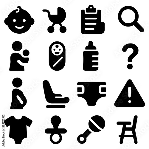 Baby Essentials Icons: An engaging collection of baby-related icons, offering a glance into the world of infancy, and childhood.