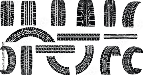 Collection of detailed tire tread patterns with curved and straight rubber tracks for automotive design, vehicle traction illustrations and wheel print textures