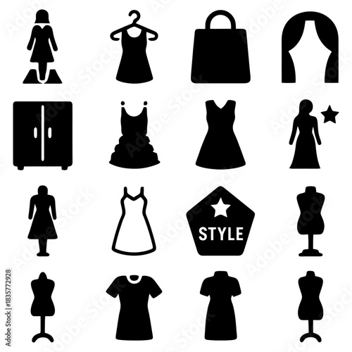 Fashion Iconography: An array of fashion-related icons representing style, clothing, and accessories, including dresses, mannequins, and shopping bag.