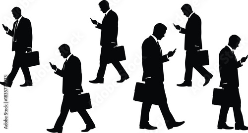 Businessmen walking with smartphones silhouette, corporate professionals commuting, mobile phone usage concept, modern worker lifestyle, technology dependence in urban business environment