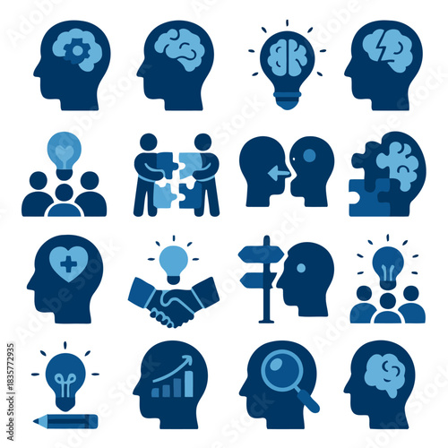 Iconic Ideas and Insights: A collection of diverse illustrations that captures the essence of human thought, from the brilliance of an idea to the complexity of collaborative problem-solving.