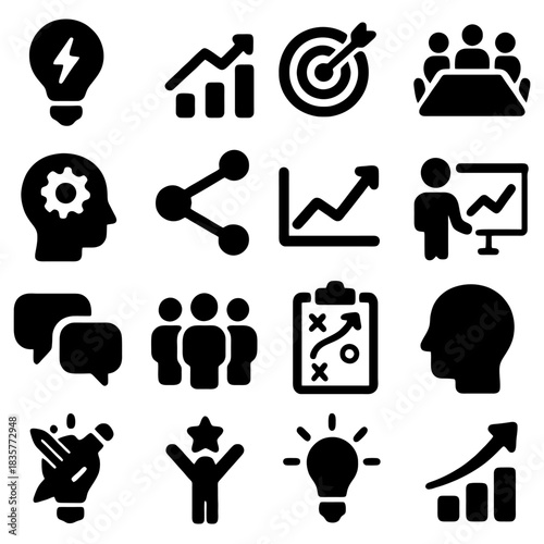 Business Icons for Strategic Planning and Innovation: An illustrative compilation of business-centric icons, ideal for conveying concepts of strategic planning, innovation, and teamwork.