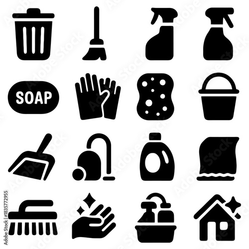 Essential Cleaning Icons: A visually informative collection of essential cleaning icons, showcasing a range of tools and supplies used for maintaining a clean and fresh environment.