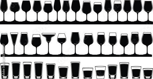 Collection of various drinking glass silhouettes including wine glasses, cocktail glasses and shot glasses, vector barware set for kitchen and restaurant design