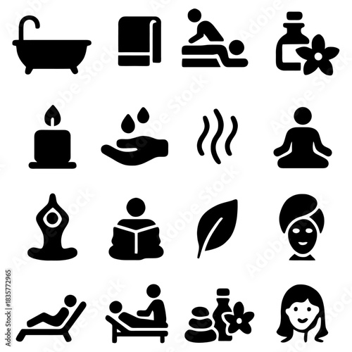 Spa Icons: This set of spa icons captures the essence of tranquility and well-being. From essential oil bottles to peaceful yoga poses, each symbol conveys serenity and relaxation.