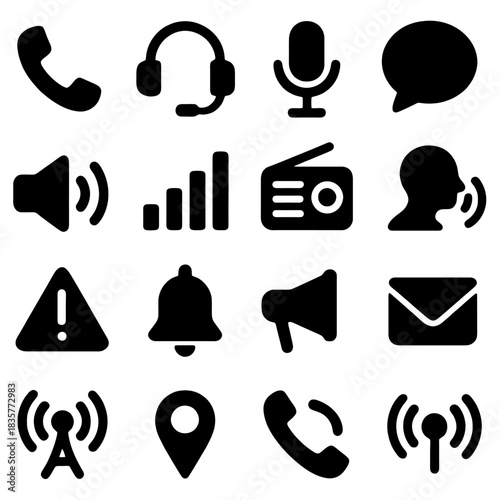 Communication Icons: A collection of black and white communication icons, each symbolizing the diverse facets of modern connection. From voice to data transfer.