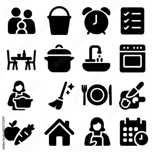 Home and Lifestyle Icons: A collection of simple, black and white icons representing various household activities and objects, from cooking to cleaning and family time. 