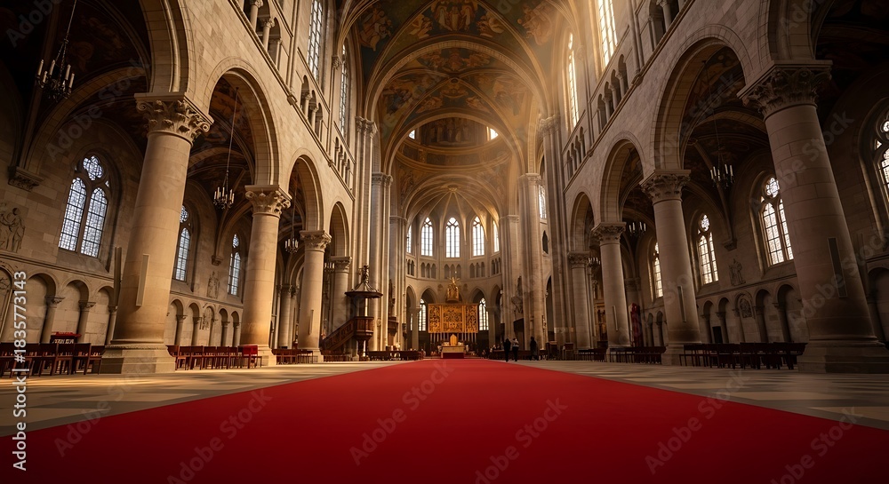 Fototapeta premium Sacred Light Illuminates the Grand Aisle of an Ancient Cathedral.